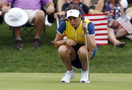 Aug 19, 2017; West Des Moines, IA, USA; Europe golfer Georgia Hall lines up a putt on the 17th hole during the second round morning session during The Solheim Cup international golf tournament at Des Moines Golf and Country Club. Mandatory Credit: Brian Spurlock-USA TODAY Sports