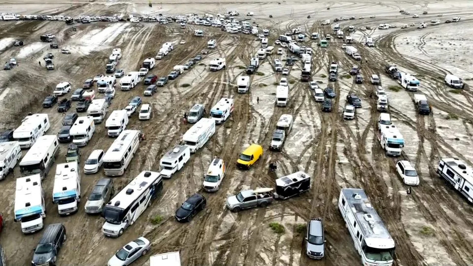 A still from a drone video shows vehicles trying to leave the Burning Man festival on Sunday, September 3. - CNN