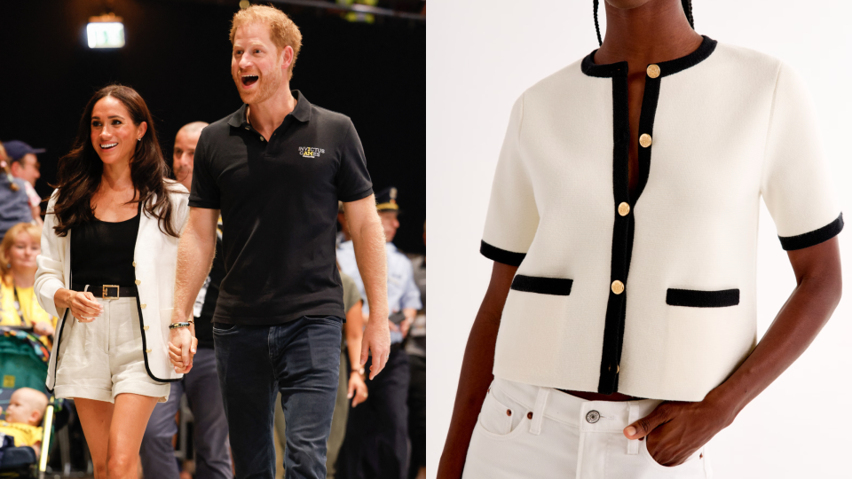 The Duke and Duchess of Sussex at the 2023 Invictus Games in Duesseldorf and Abercrombie's LuxeLoft Short-Sleeve Cardigan (Photos via Getty & Abercrombie).