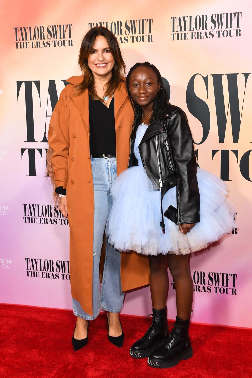 Mariska Hargitay and her daughter Amaya Hermann arrive for the "Taylor Swift: The Eras Tour" concert movie world premiere in Los Angeles, California on October 11, 2023.