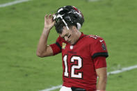 Tampa Bay Buccaneers quarterback Tom Brady (12) reacts as he leaves the field after throwing an interception against the New Orleans Saints during the second half of an NFL football game Sunday, Nov. 8, 2020, in Tampa, Fla. (AP Photo/Mark LoMoglio)