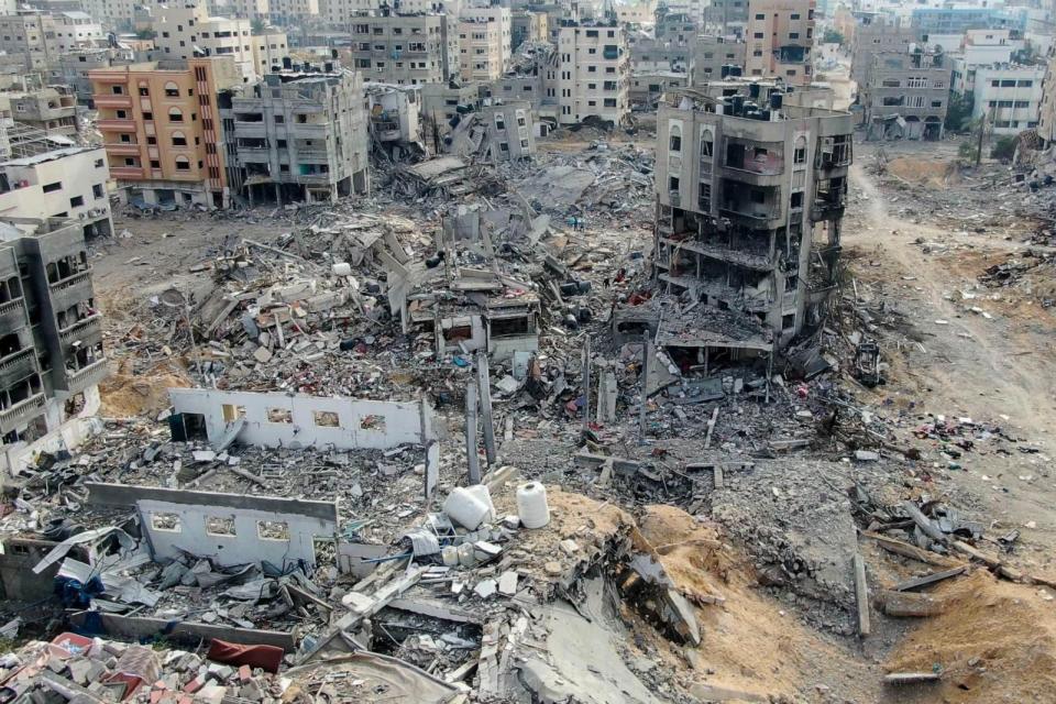 PHOTO: An aerial view, Dec. 26, 2023, shows destroyed buildings in Beit Lahia following Israeli bombardments in the northern Gaza Strip, amid ongoing battles between Israel and the Palestinian militant group Hamas.  (AFP via Getty Images)