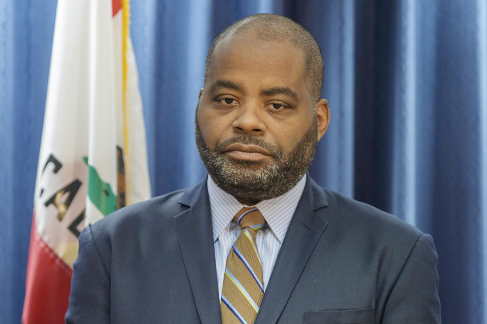 Special Assistant Attorney General at the California Department of Justice (DOJ) Damon Brown joins a news conference announcing a lawsuit to protect voter rights at a news conference at the California Department of Justice in Los Angeles, Monday, April. 15, 2024. (AP Photo/Damian Dovarganes)