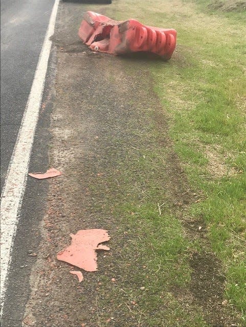 A displaced traffic barrier near Hansen Road in Tracy.