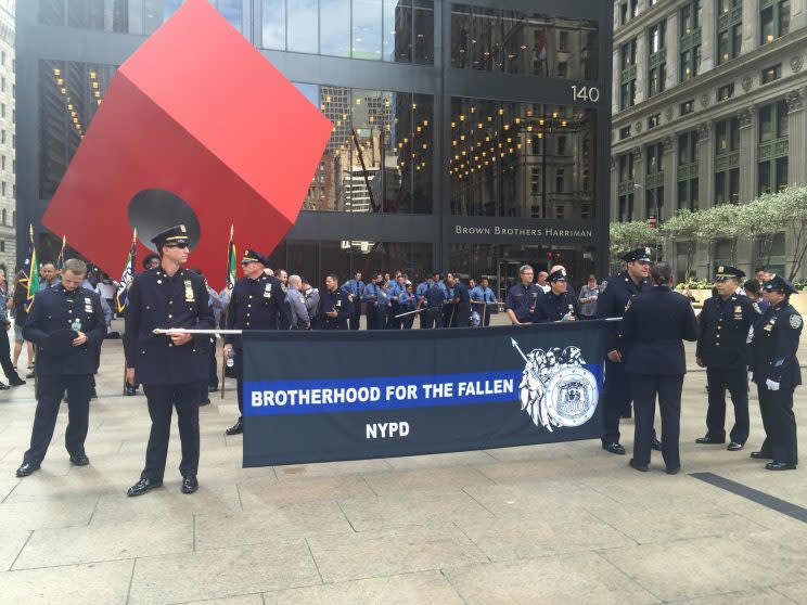The Brotherhood for the Fallen participate in an event in memory of NYPD officers lost in the 9/11 terrorist attacks, Sept. 9, 2016. (Photo: Michael Walsh/Yahoo News)