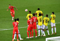 <p>Kieran Trippier of England takes a free kick during the 2018 FIFA World Cup Russia Round of 16 match between Colombia and England at Spartak Stadium on July 3, 2018 in Moscow, Russia. (Photo by Michael Regan – FIFA/FIFA via Getty Images) </p>