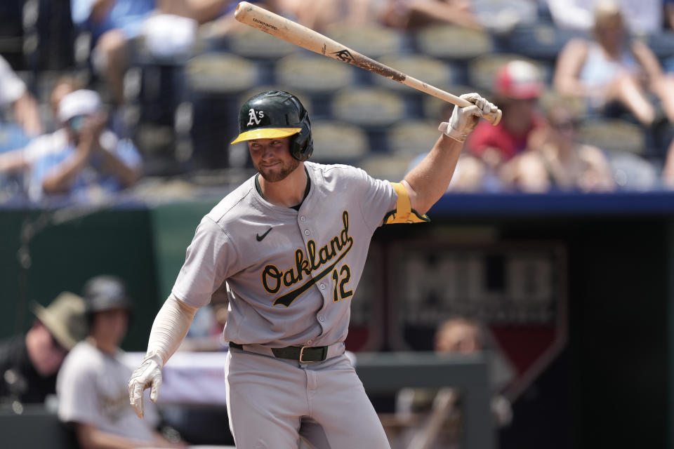 Oakland Athletics' Max Schuemann reacts after striking out during the sixth inning of a baseball game against the Kansas City Royals Sunday, May 19, 2024, in Kansas City, Mo. (AP Photo/Charlie Riedel)