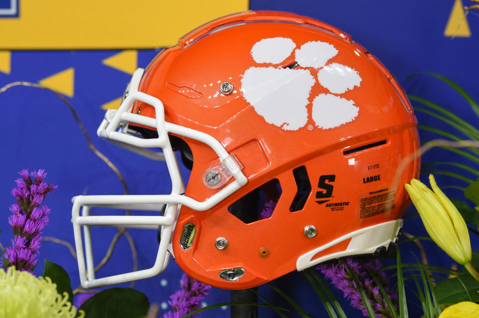 A Clemson helmet on the TV set before the CFP National Championship.