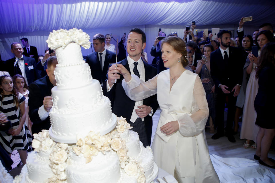 BELGRADE, SERBIA - OCTOBER 07: Prince Philip Of Serbia And Danica Marinkovic during their wedding at The White Palace on October 7, 2017 in Belgrade, Serbia. (Photo by Milica Radicevic/WireImage)