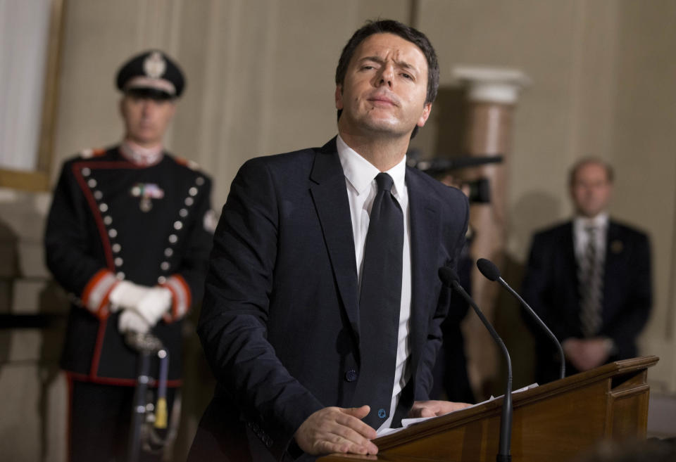 Italian Premier designate Matteo Renzi meets reporters at the Quirinale presidential palace, Rome, Friday, Feb. 21, 2014. Democratic Party leader Matteo Renzi has formed Italy's new government, saying the broad coalition aims to give the economically-strapped country "hope. When he and his Cabinet are sworn in on Saturday, Renzi, who had been serving as Florence mayor, will be Italy's youngest premier. Renzi said Friday he aims with his leadership to give a "strong message" to the international community that Italy will be achieving sorely needed electoral and economic reforms quickly. (AP Photo/Alessandra Tarantino)