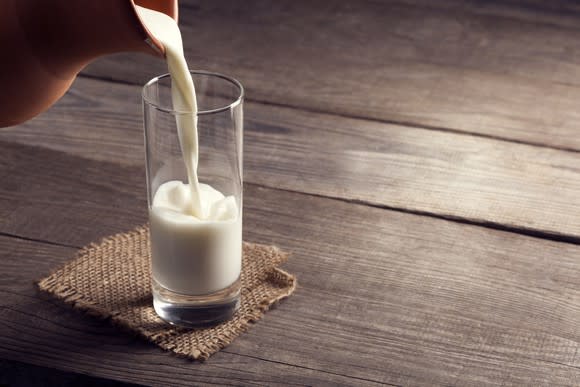 Milk being poured into a glass.