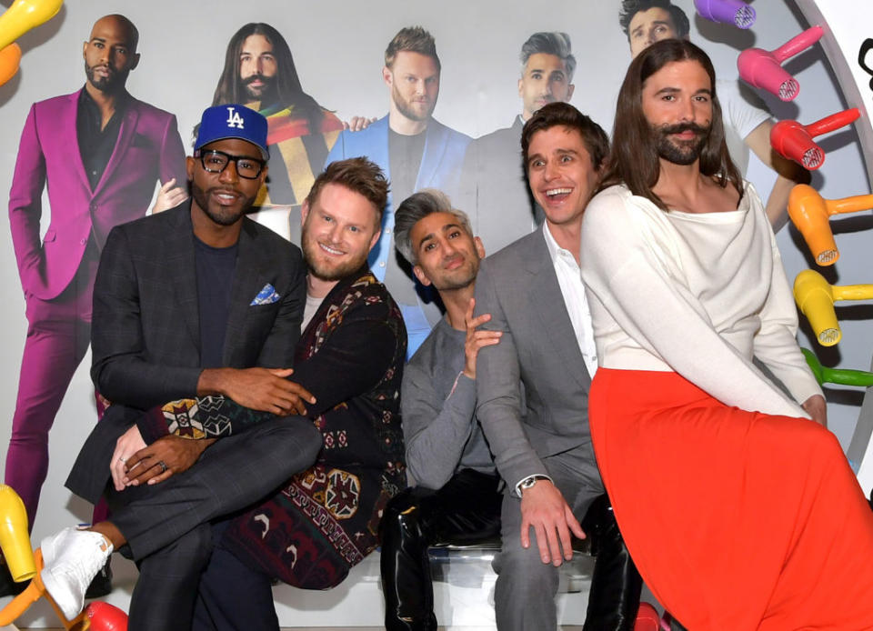 Tan France, middle, promotes "Queer Eye" with co-stars, from left, Karamo Brown, Bobby Berk, Antoni Porowski and Jonathan Van Ness at a Netflix event on May 16 in Los Angeles. (Photo: Emma McIntyre/Getty Images for Netflix) 