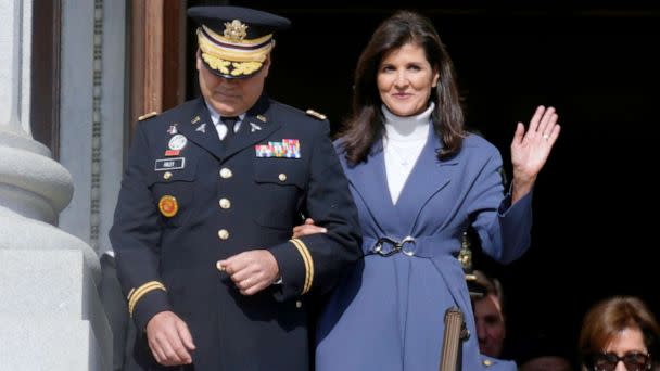 PHOTO: Former South Carolina Gov. Nikki Haley waves as she and her husband, Michael Haley are introduced at the second inaugural of Gov. Henry McMaster, Jan. 11, 2023, in Columbia, S.C. (Meg Kinnard/AP)