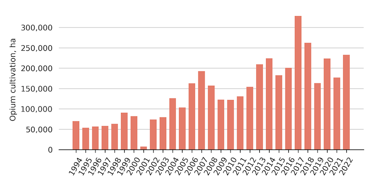 <span class="caption">Total area of opium cultivation for Afghanistan between 1994 and 2022 from the UNODC’s annual opium surveys. Taliban bans opium in July 2000 and April 2022.</span>