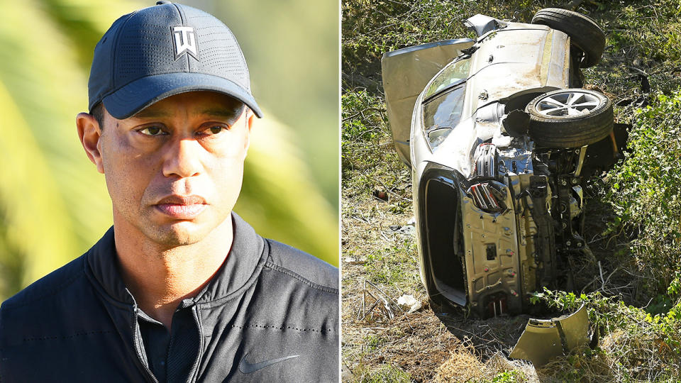 Tiger Woods (pictured left) during a golf tournament and (pictured right) his car crash after the crash in LA.