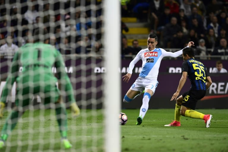 Napoli's striker Jose Maria Callejon prepares to kick the ball past Inter Milan's defender Yuto Nagatomo (R) on April 30, 2017