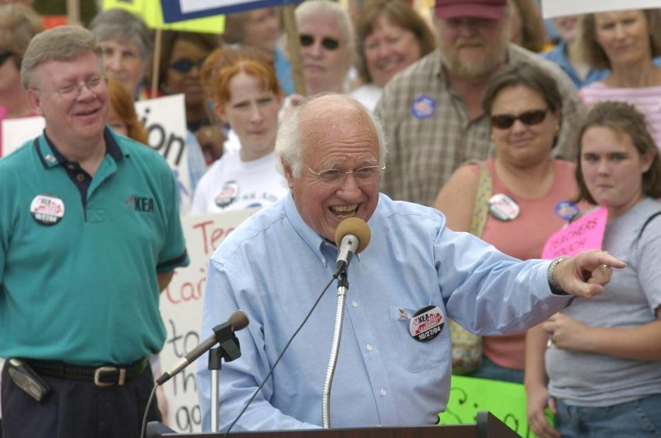 Former Kentucky governor Julian Carroll speaks to teachers from around the state at a rally in Frankfort to protest the rising costs of health care in September 2004.