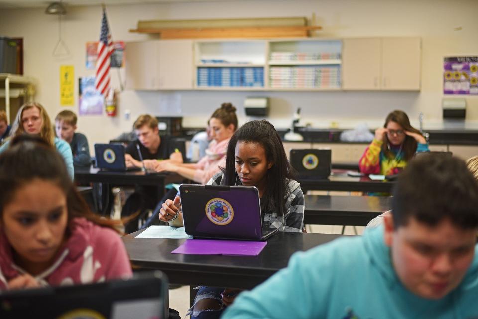 Roosevelt High School freshman Mesha Horsa, 14, works on a worksheet during a biology class Thursday, Jan. 26, 2017, at Roosevelt High School in Sioux Falls.