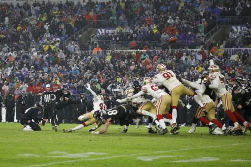 Baltimore's Justin Tucker kicks the game-winning field goal in the Ravens 20-17 NFL victory over the San Francisco 49ers