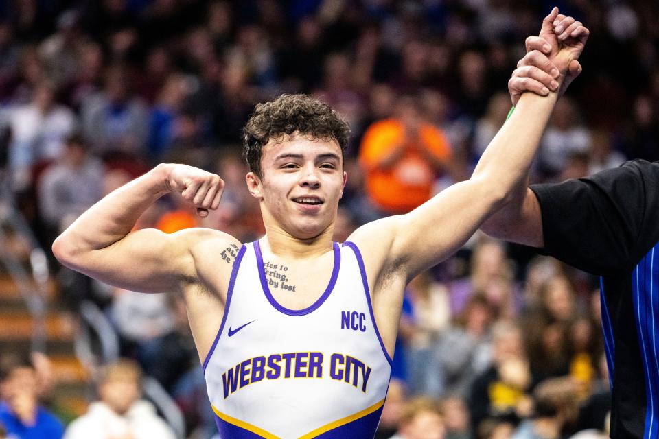 Webster City's Carson Doolittle defeats Union's Jace Hedeman in the 126-pound championship match during the Class 2A finals of Iowa high school state wrestling at Wells Fargo Arena on Feb. 17 in Des Moines.
