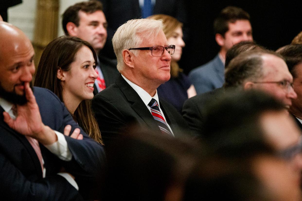 <span>Jim Hoft, publisher of Gateway Pundit, at the White House on 11 July 2019.</span><span>Photograph: Evan Vucci/AP</span>