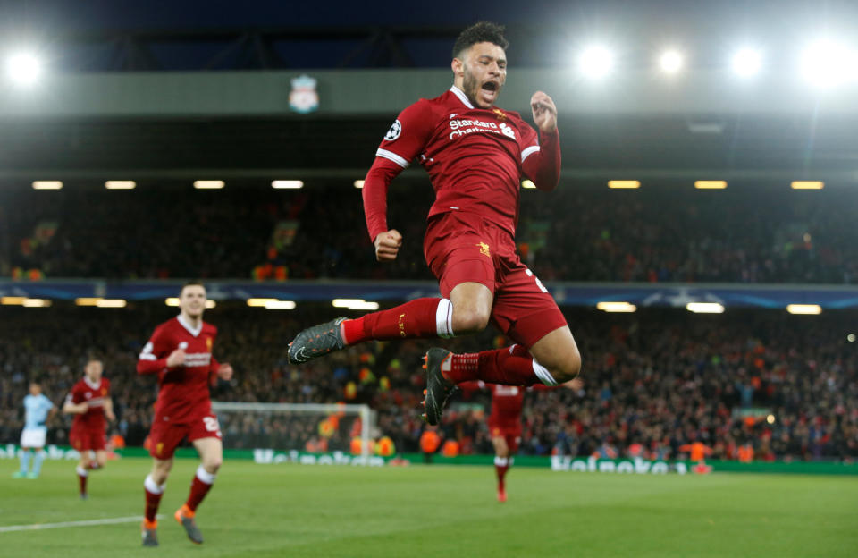 <p>Soccer Football – Champions League Quarter Final First Leg – Liverpool vs Manchester City – Anfield, Liverpool, Britain – April 4, 2018 Liverpool’s Alex Oxlade-Chamberlain celebrates goal REUTERS/Andrew Yates </p>