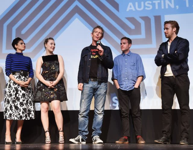 AUSTIN, TX – MARCH 14: (L-R) Actors Eva Mendes, Saoirse Ronan, Ben Mendelsohn and Iain De Caestecker, and director/writer Ryan Gosling take part in a Q&A following the “Lost River” premiere during the 2015 SXSW Music, Film + Interactive Festival at Topfer Theatre at ZACH on March 14, 2015 in Austin, Texas. <em>Photo by Michael Loccisano/Getty Images for SXSW.</em>