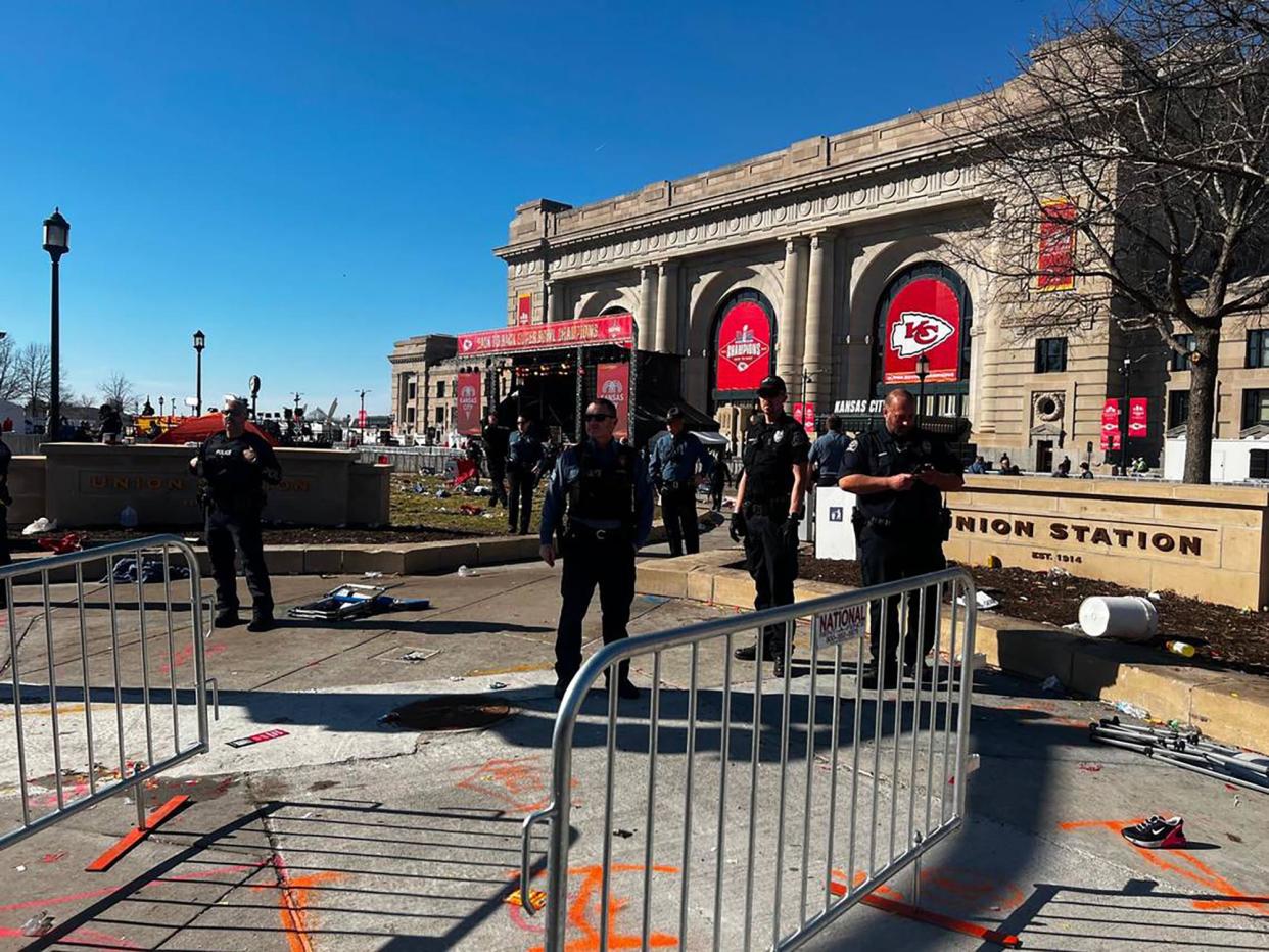 Kansas City police are seen at Union Station, where a shooting broke out during the Chiefs' Super Bowl victory rally on Wednesday, Feb. 14, 2024, in Kansas City, Missouri. (Glenn E. Rice/The Kansas City Star/Tribune News Service via Getty Images)