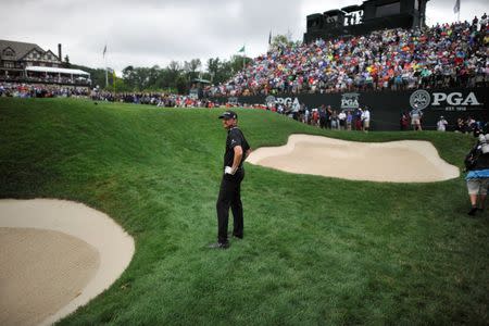 Jul 31, 2016; Springfield, NJ, USA; Jimmy Walker measures his third shot on the 18th hole during the Sunday round of the 2016 PGA Championship golf tournament at Baltusrol GC - Lower Course. Mandatory Credit: Eric Sucar-USA TODAY Sports