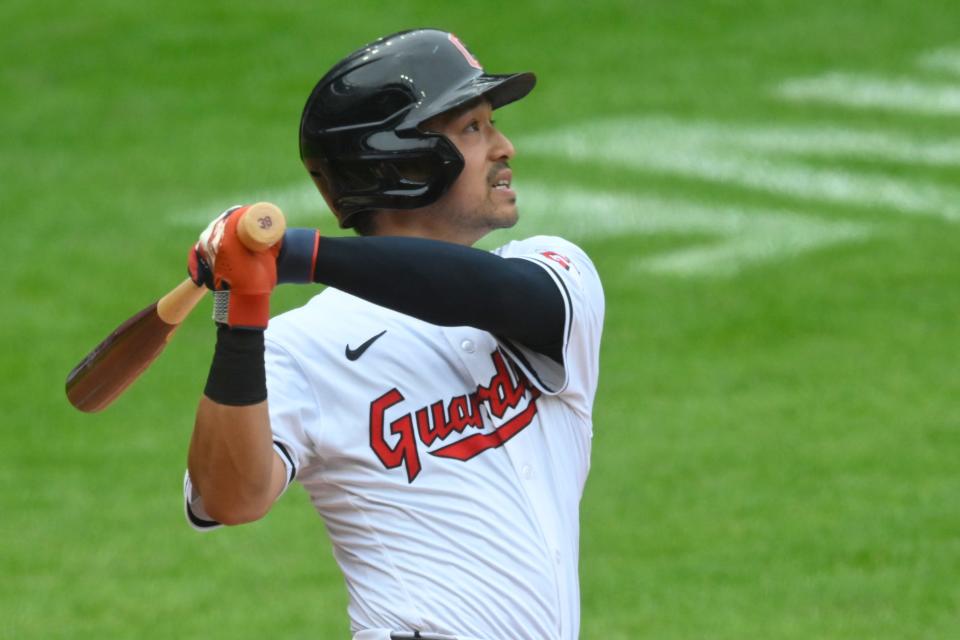 Cleveland Guardians' Steven Kwan (38) hits a solo home run against the Chicago White Sox on July 4 in Cleveland.