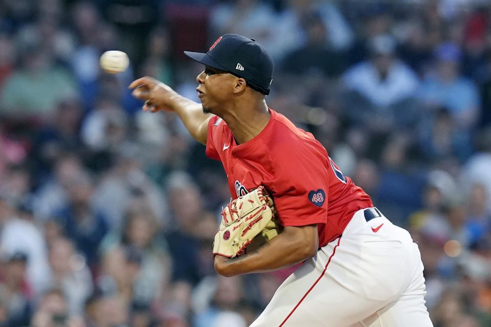 Boston Red Sox starting pitcher Brayan Bello throws to a New York Yankees batter during the first inning of a baseball game Friday, June 14, 2024, in Boston. (AP Photo/Michael Dwyer)