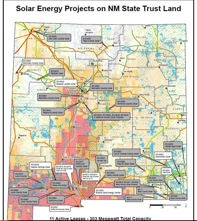 A map of solar power projects on New Mexico State Trust land