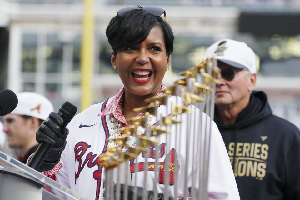 Atlanta Mayor Keisha Lance Bottoms speaks during a celebration at Truist Park, Friday, Nov. 5, 2021, in Atlanta. The Braves beat the Houston Astros 7-0 in Game 6 on Tuesday to win their first World Series MLB baseball title in 26 years. (AP Photo/John Bazemore)