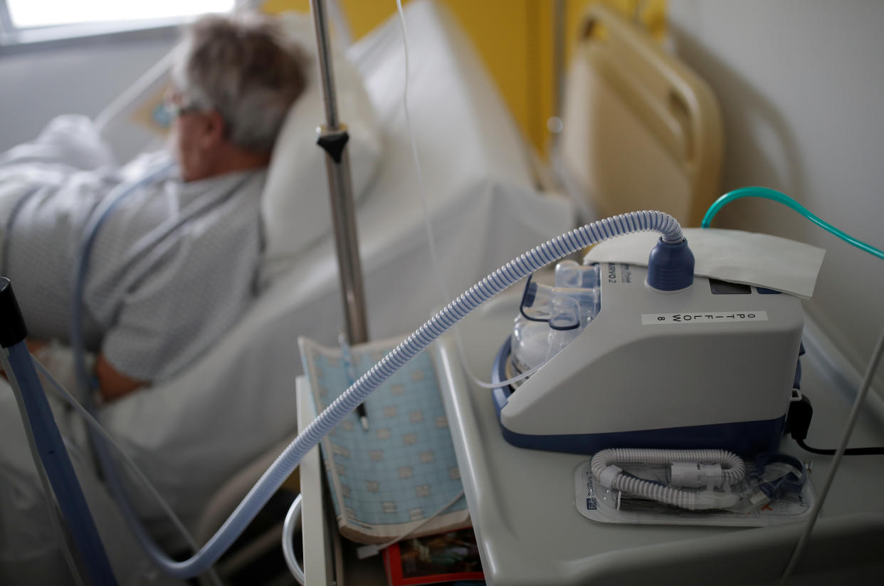 A nasal ventilator is pictured as a patient suffering from coronavirus disease (COVID-19) is treated in a pulmonology unit at the hospital in Vannes, France, March 20, 2020. REUTERS/Stephane Mahe