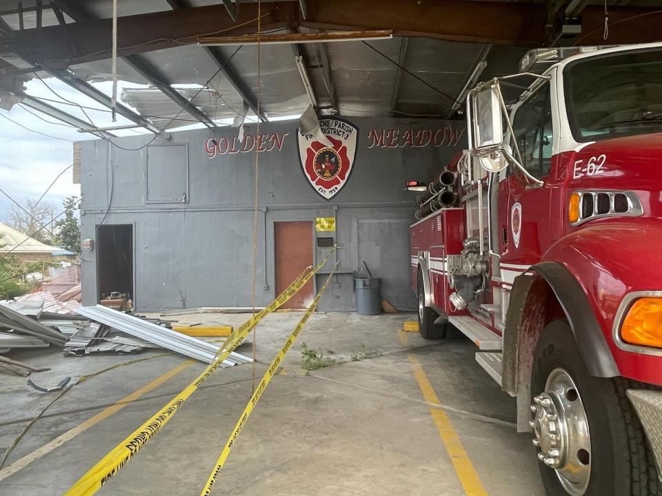 The interior of the South Golden Meadow Fire Station remains damaged from Hurricane Ida as of March 13, 2023. The Lafourche Fire District 3 is negotiating with FEMA and insurance companies to get the station rebuilt, and worries that if it is not torn down by hurricane season this year that loose debris could become a danger to the community.