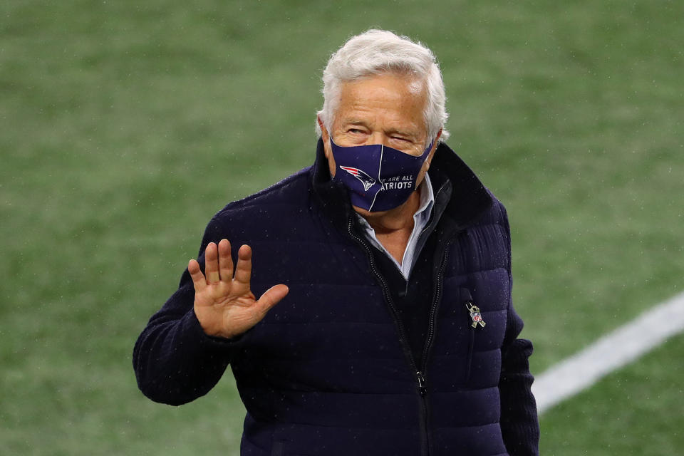 FOXBOROUGH, MASSACHUSETTS - NOVEMBER 15: Owner Robert Kraft of the New England Patriots looks on during warm ups against the Baltimore Ravens at Gillette Stadium on November 15, 2020 in Foxborough, Massachusetts. (Photo by Maddie Meyer/Getty Images)