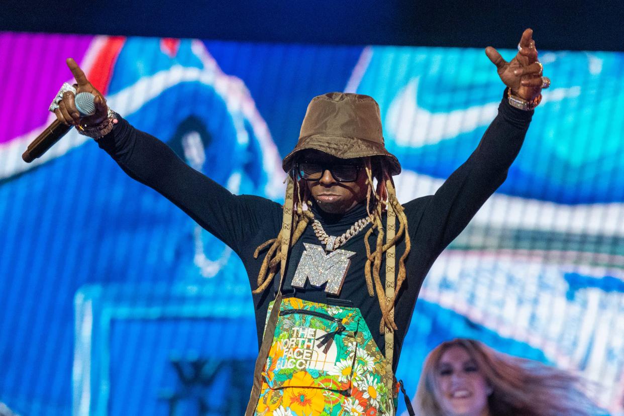 February 19, 2022; Cleveland, OH, USA; Lil Wayne during the 2022 NBA All-Star Saturday Night at Rocket Mortgage Field House. Mandatory Credit: Kyle Terada-USA TODAY Sports