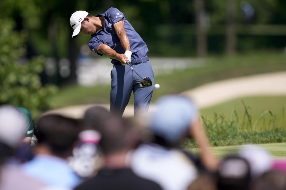 Collin Morikawa hits his tee shot on the fifth hole during the final round of the PGA Championship golf tournament at the Valhalla Golf Club, Sunday, May 19, 2024, in Louisville, Ky. (AP Photo/Matt York)