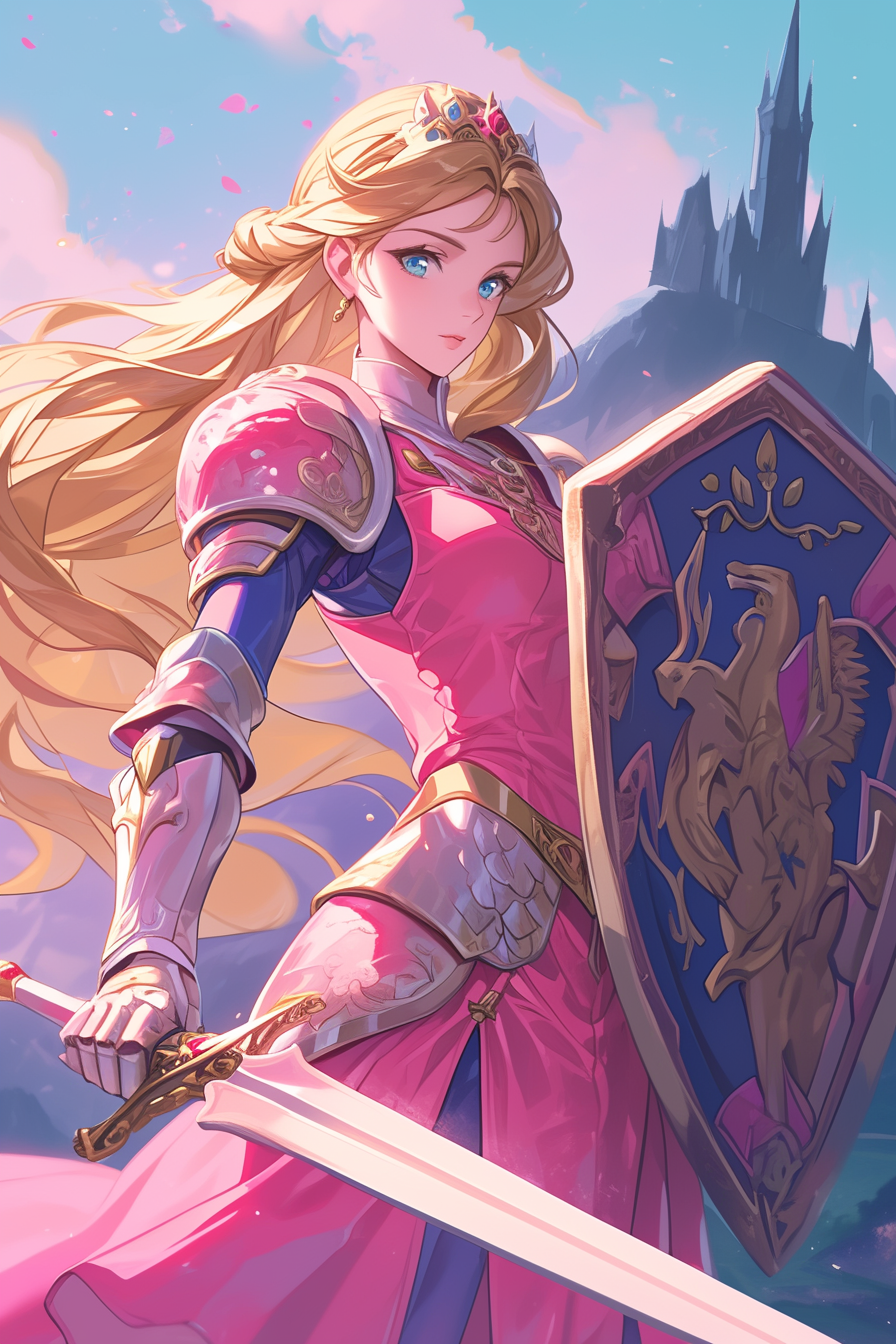 Illustration of a princess in armor with a sword and shield, standing confidently against a castle backdrop