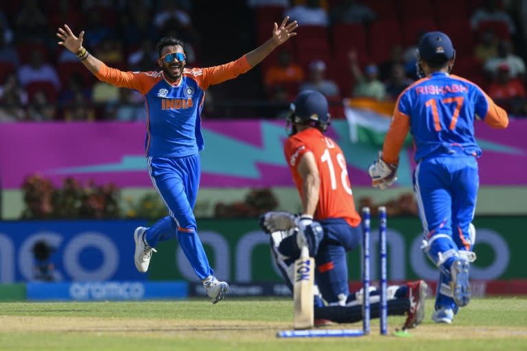 Axar Patel of India celebrates the dismissal of Moeen Ali in the semi-finals of the World Cup (Randy Brooks)