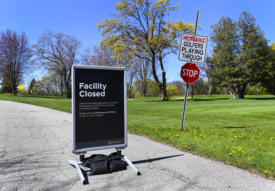 A closed Lakeview Golf Course facility is shown during the COVID-19 pandemic in Mississauga, Ontario, on Wednesday, May 12, 2021. The Ontario government has deemed golf courses and other outdoor recreational sports unsafe to open at this current time. (Nathan Denette/The Canadian Press via AP)