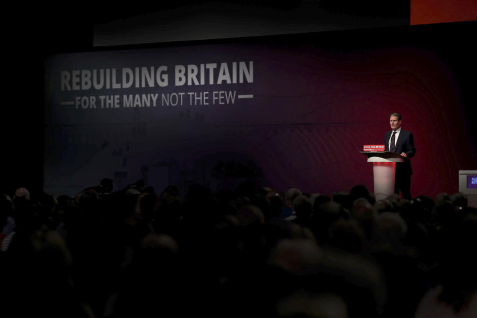 Labour shadow Brexit secretary Keir Starmer opens a debate on Brexit during the Labour Party's annual conference at the Arena and Convention Centre, in Liverpool, England, Tuesday Sept. 25, 2018. Starmer said the party would reject a deal along the lines May is proposing because it does not meet "six tests" it has set, including protecting workers' rights and retaining access to European markets. (Peter Byrne/PA via AP)