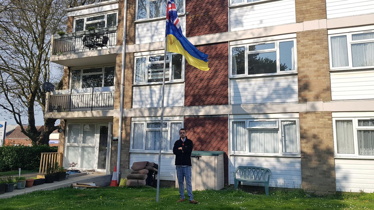 Nigel Hart erected the 4.5-metre post in Canterbury to show his support for Ukraine. (SWNS)