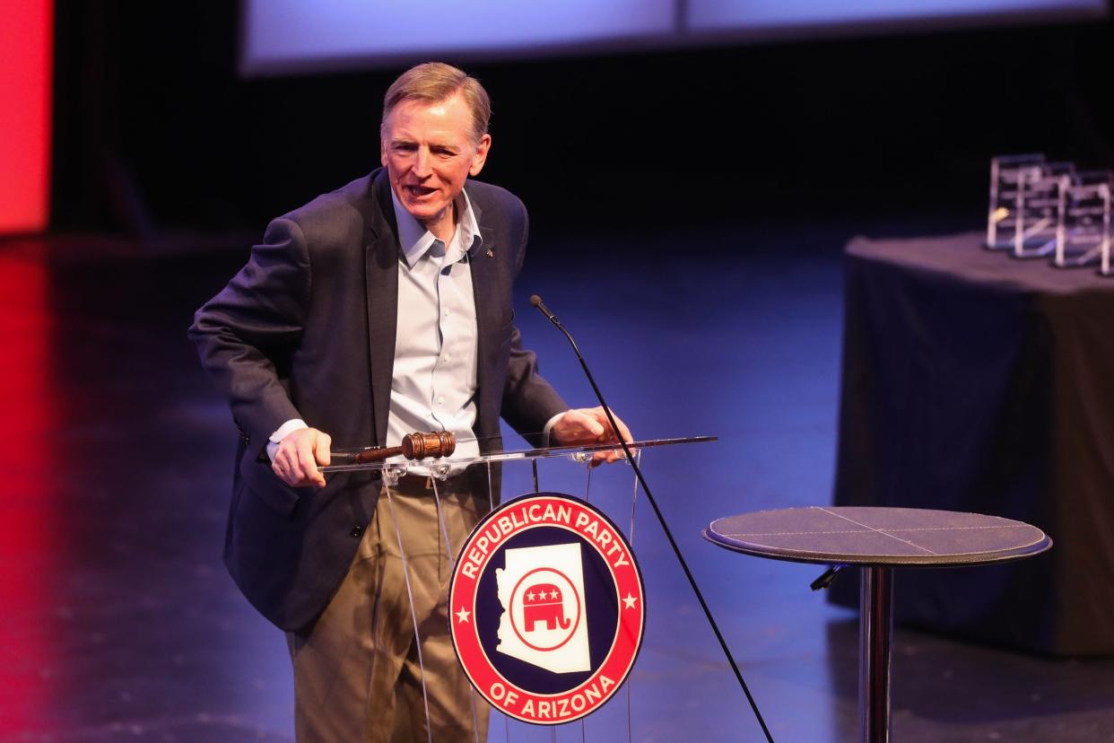 Rep. Paul Gosar speaks during the Arizona GOP biennial statutory meeting at Dream City Church on Saturday, Jan. 28, 2023, in Phoenix.