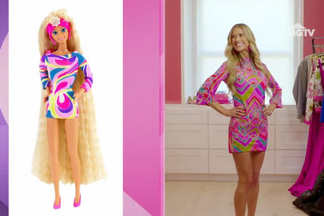 <p>HGTV</p> Christina Hall channels 1992's Totally Hair Barbie.