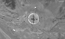 This satellite image from Maxar Technologies shows a rocket erected at a launch pad at Imam Khomeini Space Center in Iran on Tuesday, June 14, 2022. Iran appeared to be readying for a space launch Tuesday as satellite images showed a rocket on a rural desert launch pad, just as tensions remain high over Tehran's nuclear program. The images from Maxar Technologies showed a launch pad at Imam Khomeini Spaceport in Iran’s rural Semnan province, the site of frequent recent failed attempts to put a satellite into orbit. (Satellite image ©2022 Maxar Technologies via AP)
