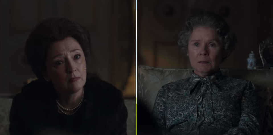 Side by side photos of Princess Margaret and Queen Elizabeth in Episode 4 of Season 5 of "The Crown" 