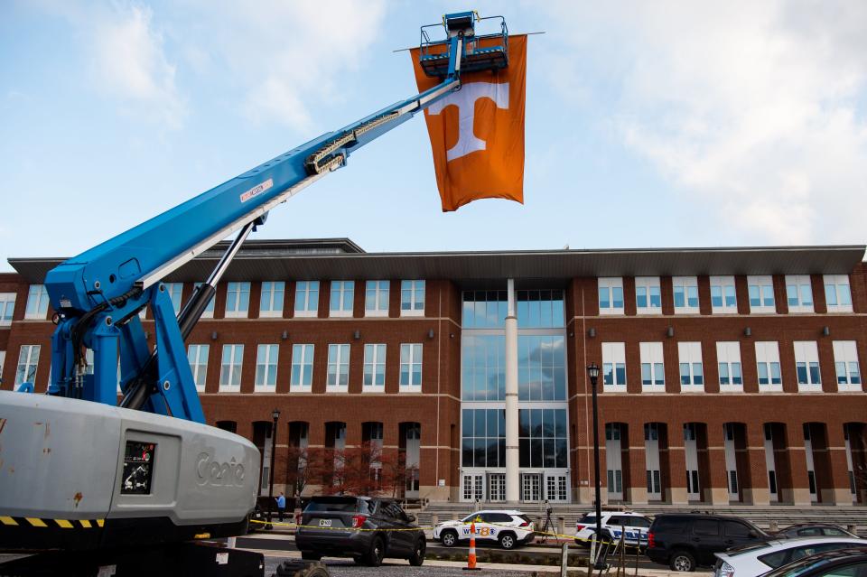 A huge Tennessee Power T flag flies across the street from the entrance to the James H. Quillen United States Courthouse in Greeneville on Tuesday, Feb. 13, 2024.