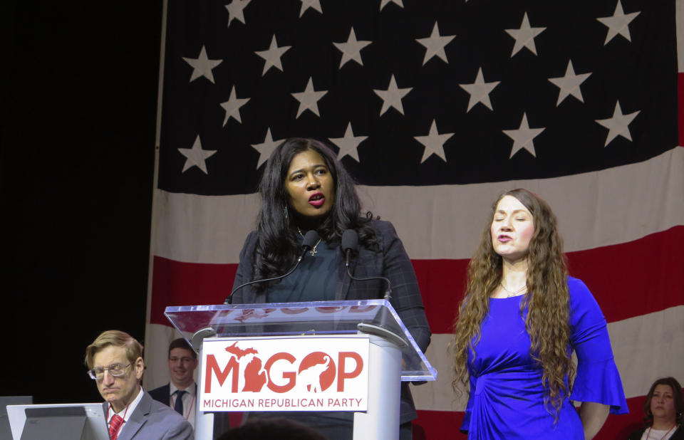 FILE - Kristina Karamo speaks to Michigan Republican Party delegates Feb. 18, 2023, in Lansing, Mich. Karamo, a former community college instructor who lost her bid last fall to become Michigan's secretary of state by 14 percentage points, won the chair of the Michigan Republican Party a week ago. She beat a fellow election denier, failed attorney general candidate Matthew DePerno. (AP Photo/Joey Cappelletti, File)