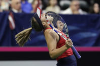 United States' Sofia Kenin reacts after winning a point in her third set against Latvia's Jelena Ostapenko during a Fed Cup qualifying tennis match Saturday, Feb. 8, 2020, in Everett, Wash. (AP Photo/Elaine Thompson)